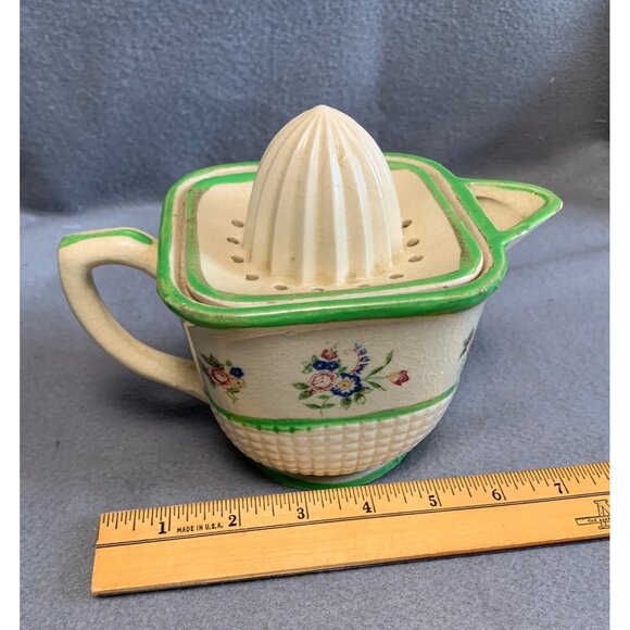 Vintage Ceramic Floral Citrus Reamer Juicer Pitcher with Green Trim - Picture 10 of 13